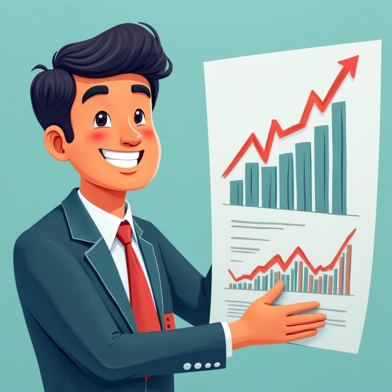 Investidor sorrindo ao lado de um gráfico de desempenho do fundo.