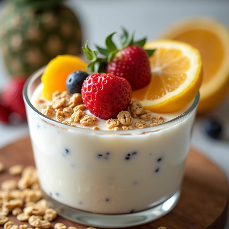Iogurte com frutas e granola em tigela.