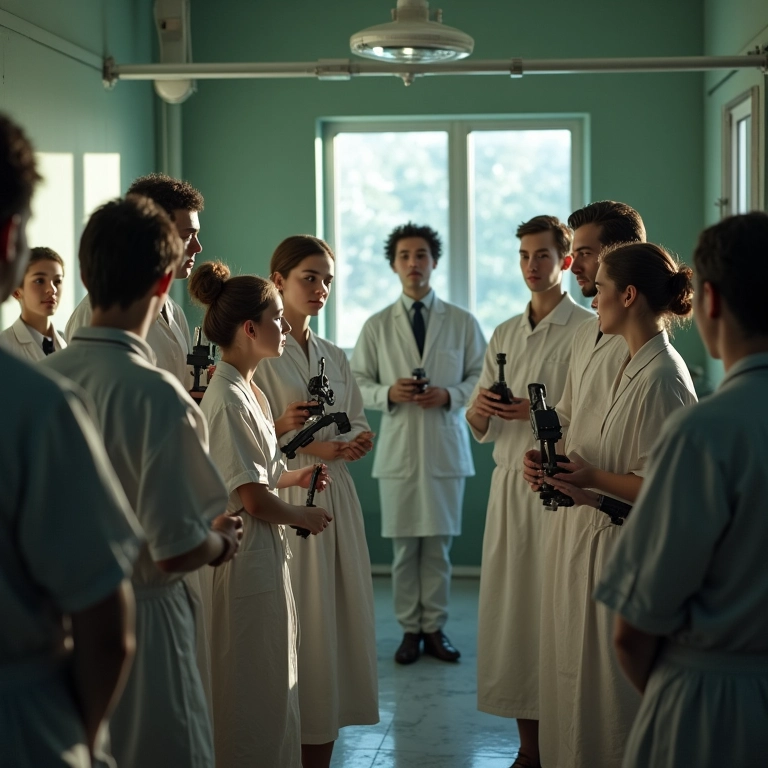 Irmãos Lumière demonstrando equipamentos de filme em ambiente médico.