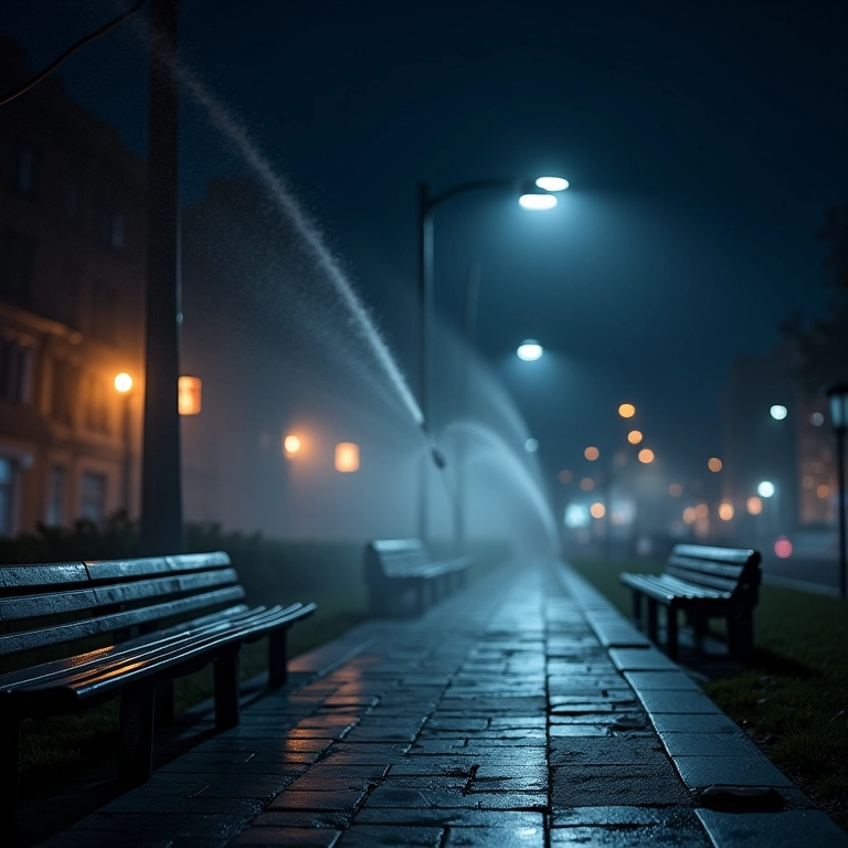 Irrigação noturna em espaço público, arquitetura hostil.