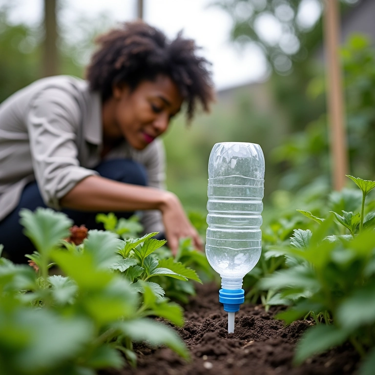 Irrigação por capilaridade com garrafa PET invertida em um jardim urbano.