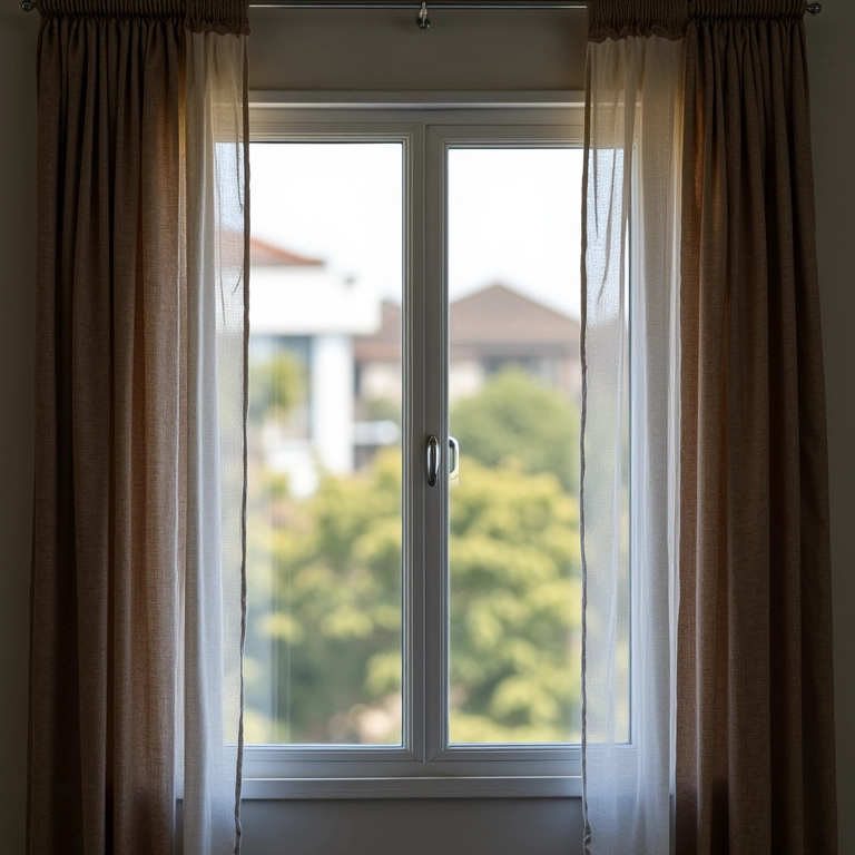 Janela de casa geminada com película de privacidade e cortinas estilosas, obscurecendo a vista da rua.