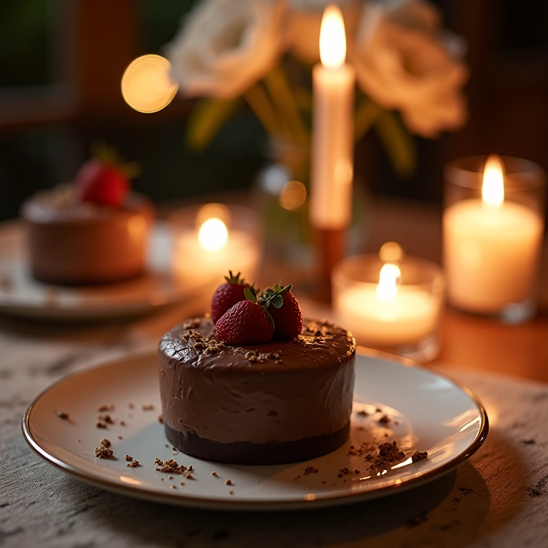 Jantar romântico com mousse de chocolate como sobremesa.