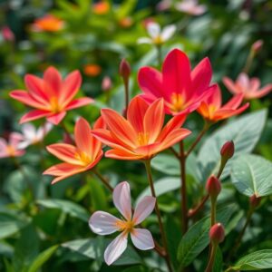 Jardim botânico exuberante com flores raras e vibrantes.