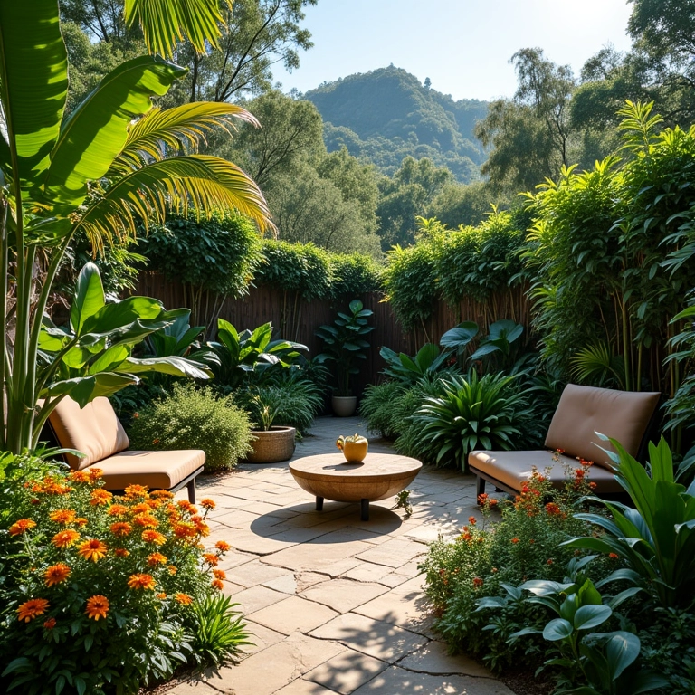 Jardim brasileiro bem projetado com área de estar e flores coloridas.