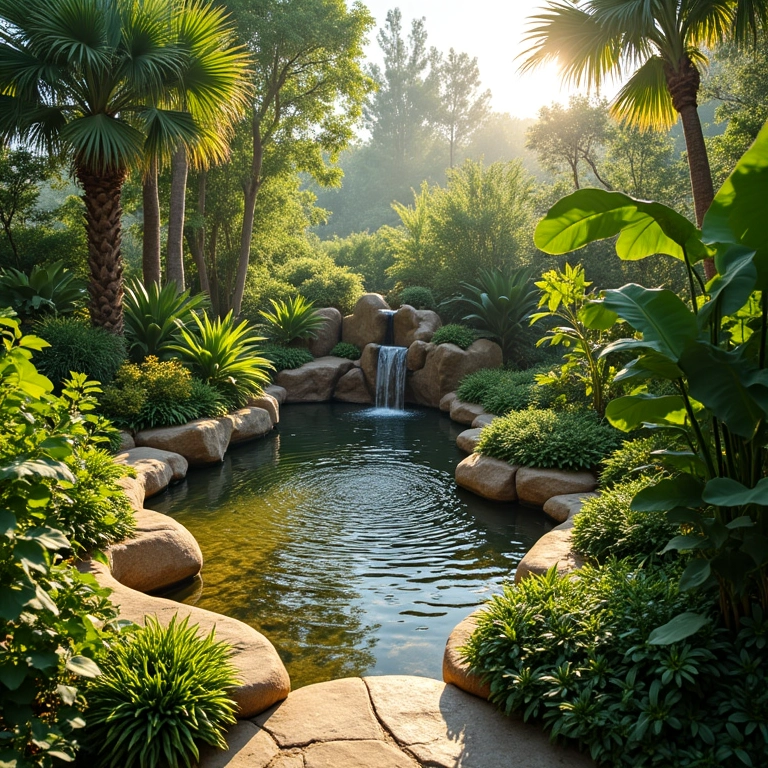 Jardim brasileiro com estilo Farm Rio, plantas diversas e fonte de água.