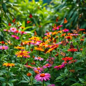 Jardim brasileiro exuberante com borboletas e flores coloridas.