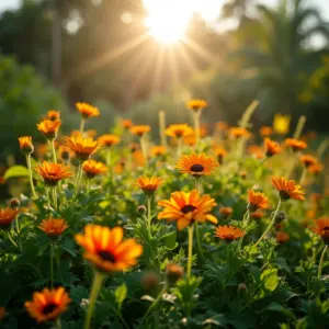 Jardim brasileiro exuberante com plantas resistentes ao sol forte.