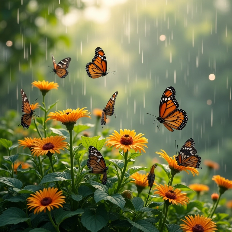 Jardim de chuva atraindo borboletas e pássaros.