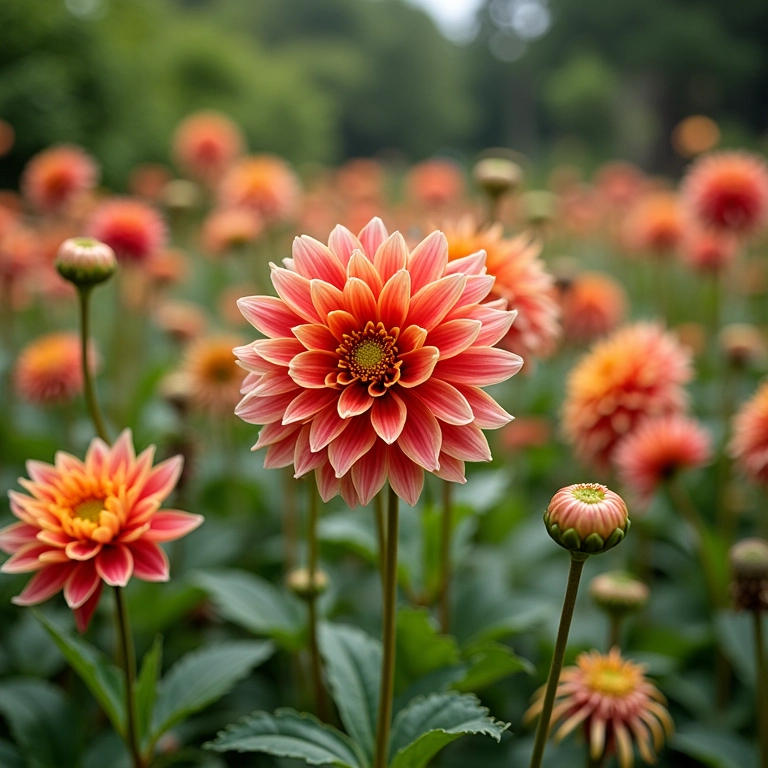 Jardim de dálias com diferentes estruturas de suporte.
