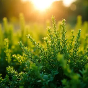 Jardim de ervas aromáticas exuberante com alecrim, manjericão e tomilho sob a luz do sol.