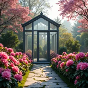 Jardim de inverno envidraçado com azaleias e camélias vibrantes.