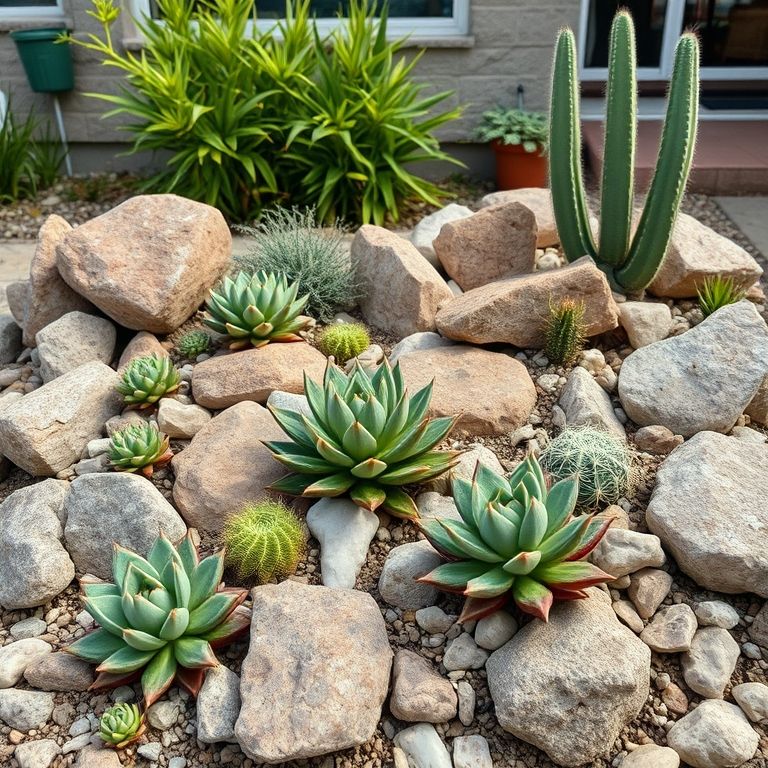 Jardim de pedras com suculentas e cactos em um espaço pequeno.