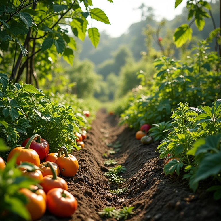 Jardim de permacultura com diversas plantas, vegetais e frutas.