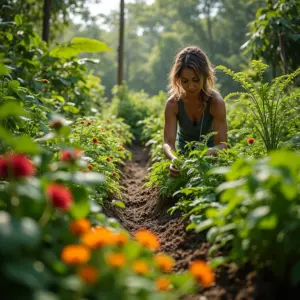 Jardim de permacultura exuberante com mulher cuidando das plantas.