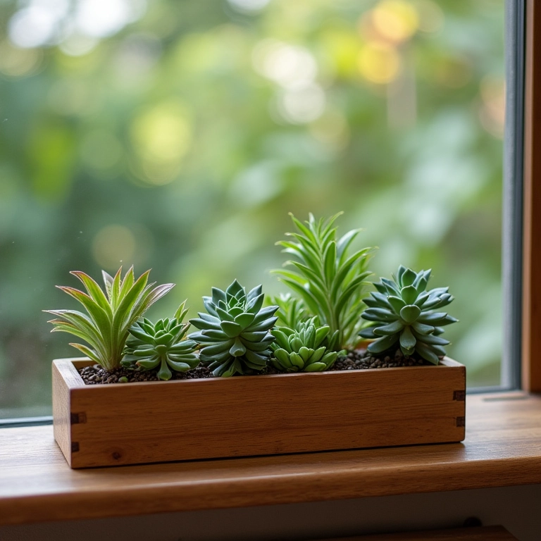 Jardim de suculentas em caixa de madeira, representando o signo de Sagitário.