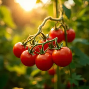 Jardim de tomates exuberante sob a luz do sol, tomates vermelhos maduros e vibrantes.