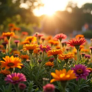 Jardim ensolarado com flores vibrantes e resistentes à seca.