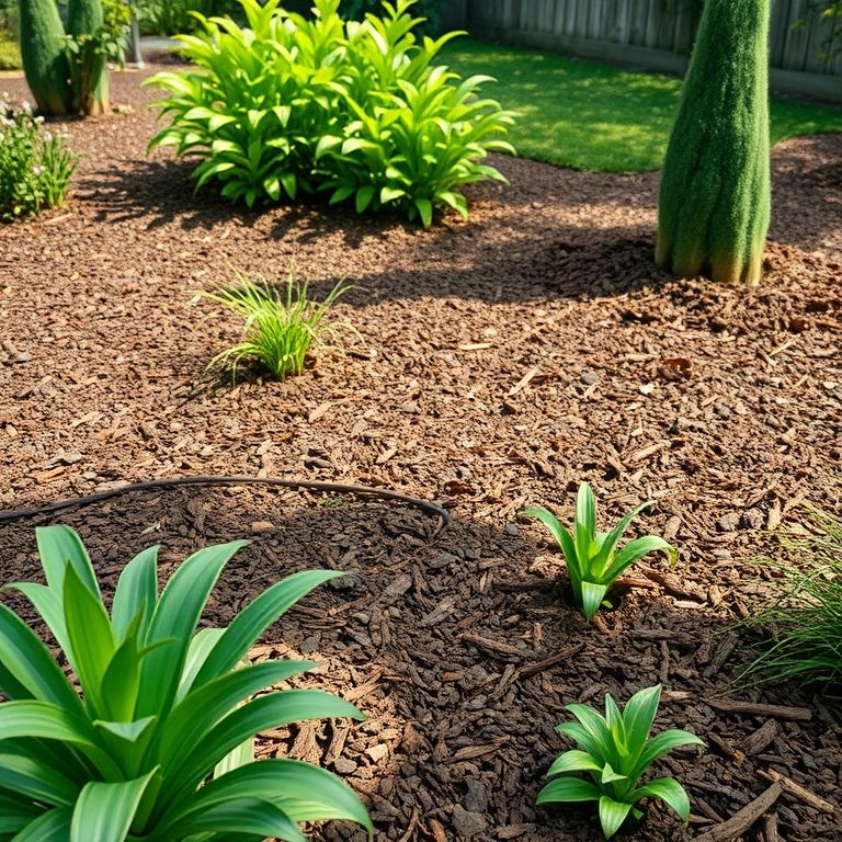 Jardim esteticamente agradável com diversos materiais de mulching.