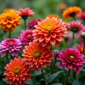 Jardim exuberante com dálias de diversas cores e tamanhos.