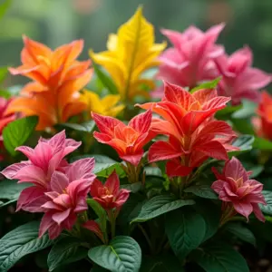 Jardim exuberante com diversas espécies de begônias em cores vibrantes.
