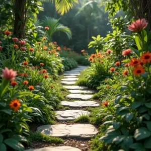 As Melhores Plantas De Forração Para Seu Jardim Jardim exuberante com diversas plantas de forração e caminhos de pedra natural.