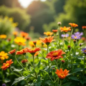 Jardim exuberante com flores vibrantes e plantas saudáveis, mostrando métodos naturais de controle de pragas.