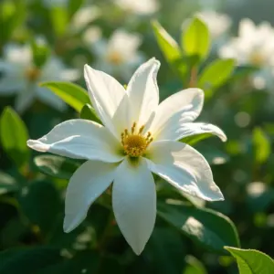Jardim exuberante com jasmins em plena floração, destacando suas cores e perfume.