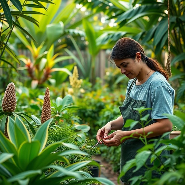 Jardim exuberante com plantas nativas brasileiras e jardineiro diverso.