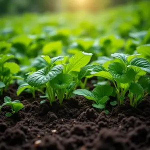 Jardim exuberante com plantas vibrantes crescendo em solo rico e escuro, representando a importância da matéria orgânica.