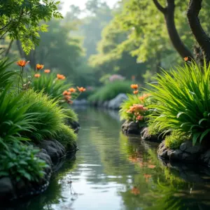 Jardim exuberante com princípios do Feng Shui, plantas vibrantes e lago sereno.