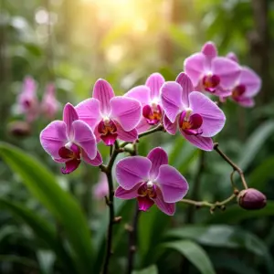 Jardim exuberante de orquídeas florescendo sob cuidado especializado.