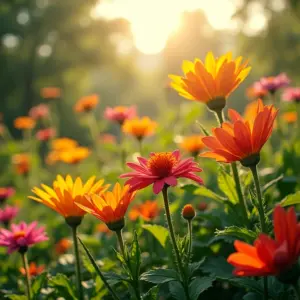 Jardim florido em agosto, com diversas flores coloridas.