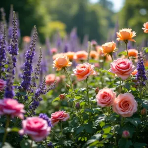 O Charme e o Romantismo Do Jardim Inglês Jardim inglês exuberante com rosas, lavanda e dedaleiras coloridas.