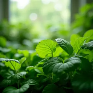 Jardim interno exuberante com plantas verdes vibrantes e gotas de água, representando um ambiente úmido ideal para o crescimento.