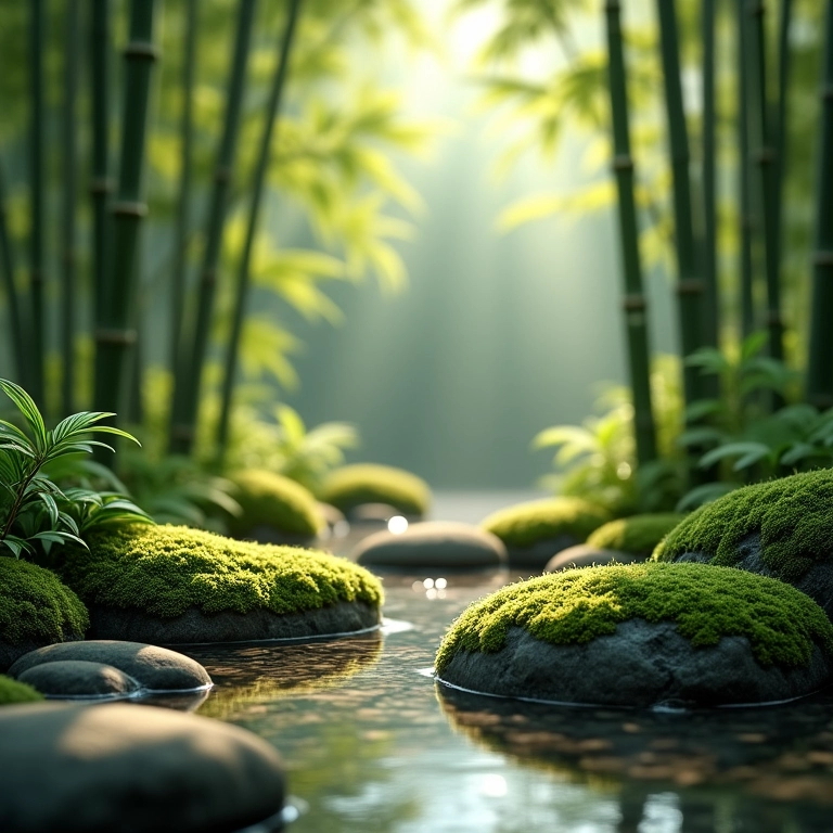 Jardim natural com pedras cobertas de musgo e bambu.