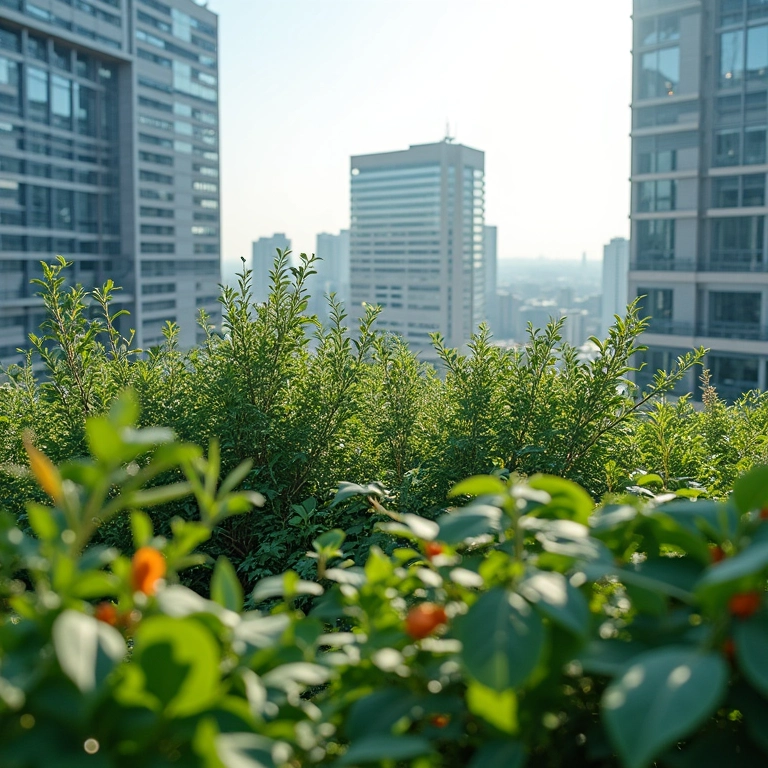 Jardim no telhado do hospital com painéis solares e vegetação.