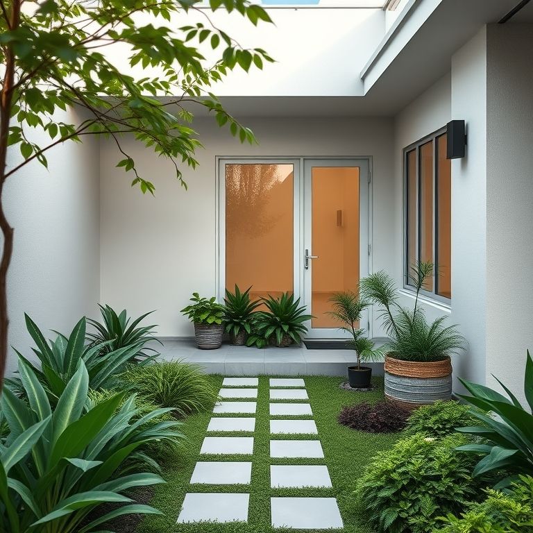 Jardim pequeno com estilo moderno e linhas limpas na frente da casa.