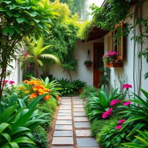 Ideias Para Jardim Pequeno Na Frente Da Casa Cause Boa Impressão Jardim pequeno e convidativo na frente de uma casa com plantas exuberantes e flores coloridas.
