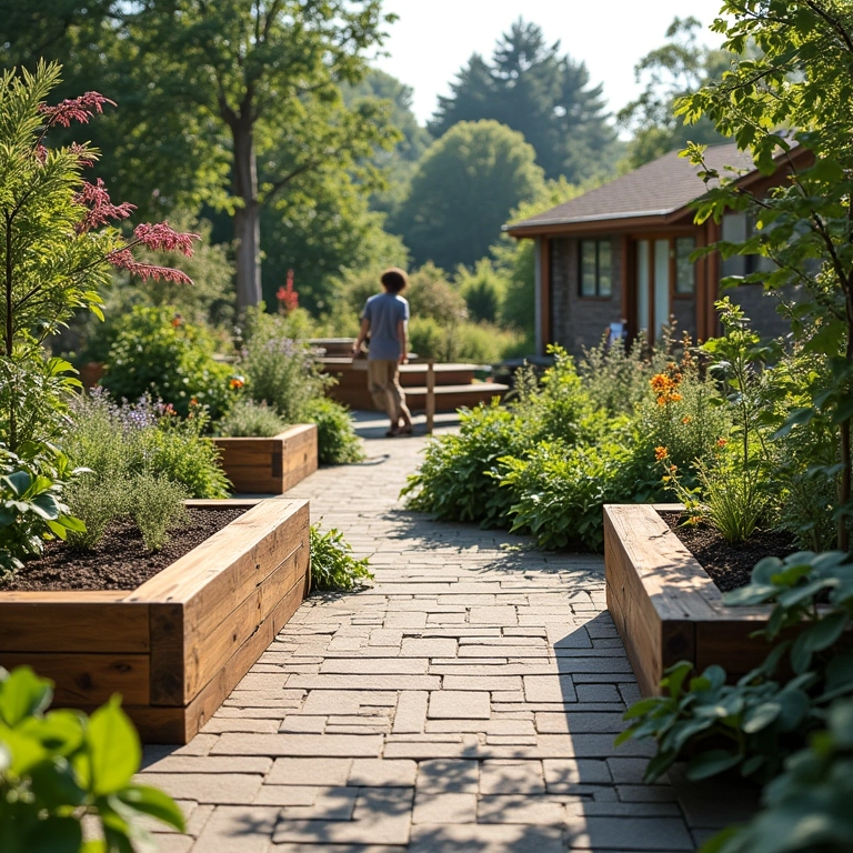 Jardim sensorial acessível com rampa para cadeirantes e canteiros elevados.
