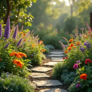Jardim sensorial exuberante com plantas aromáticas e texturas diversas.