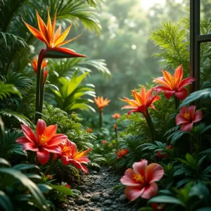 Jardim tropical exuberante com diversas plantas.