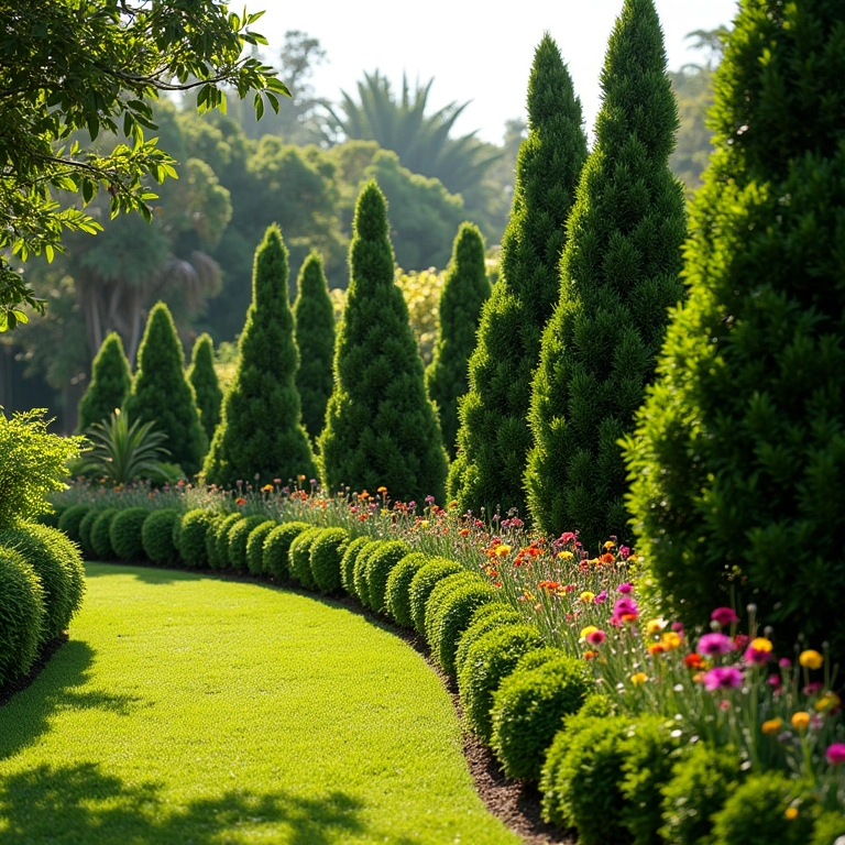 Jardim valorizado com topiarias artisticamente esculpidas.