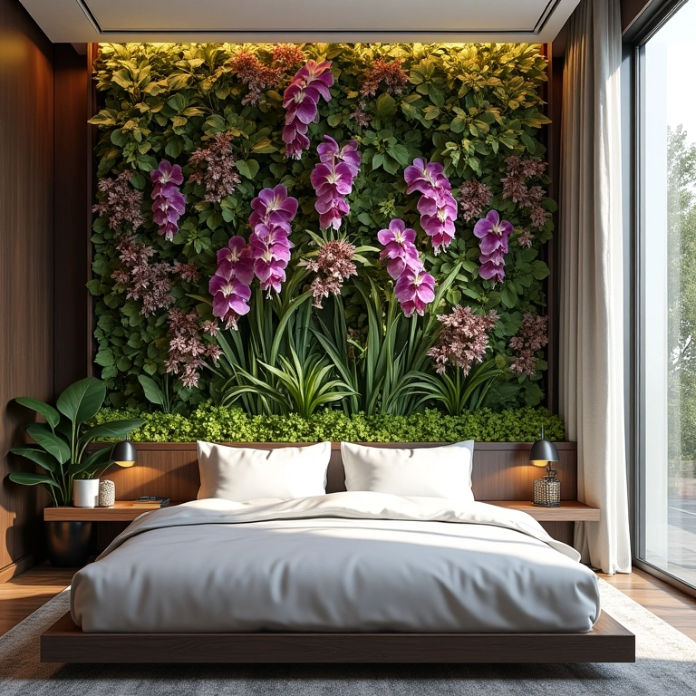 Jardim vertical com orquídeas em quarto.
