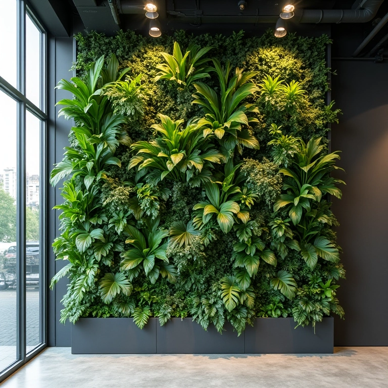 Jardim vertical com plantas artificiais.