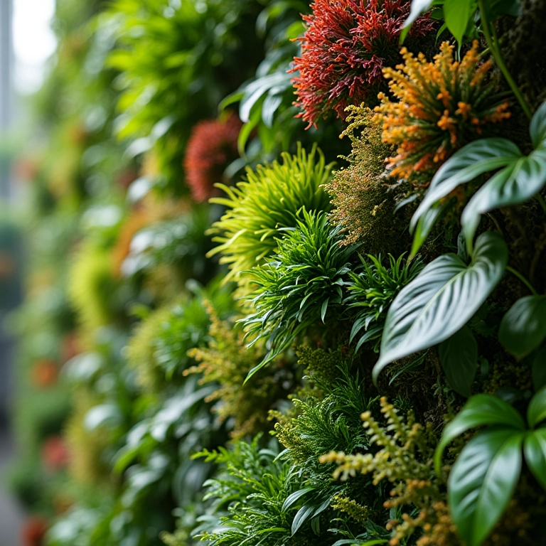 Jardim vertical com plantas de diferentes texturas e cores vibrantes.