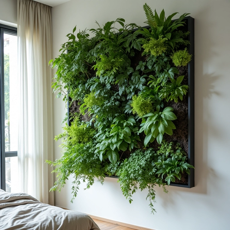Jardim vertical com plantas purificadoras de ar em quarto.