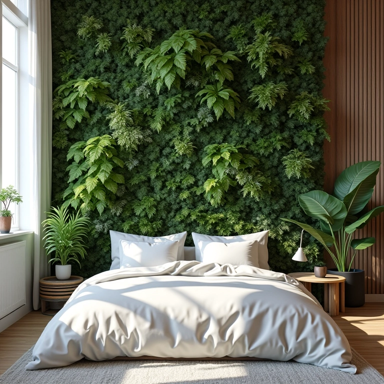 Jardim vertical com samambaias em quarto.