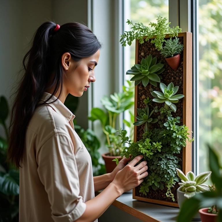 Jardim vertical com suculentas em apartamento pequeno, mulher brasileira cuidando.