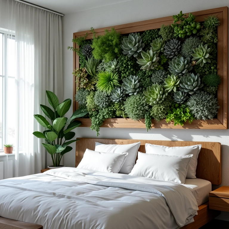 Jardim vertical com suculentas em quarto.